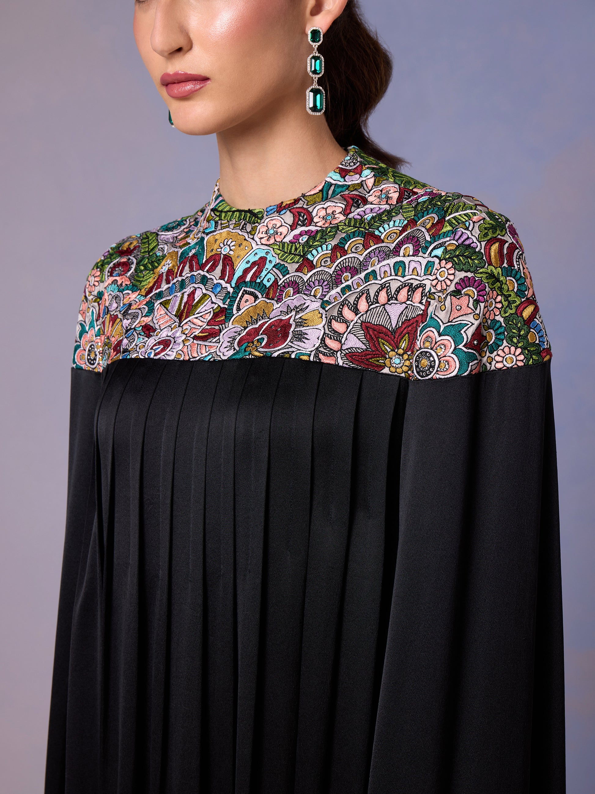 Detailed embroidery on neckline of Midnight Black silk kaftan