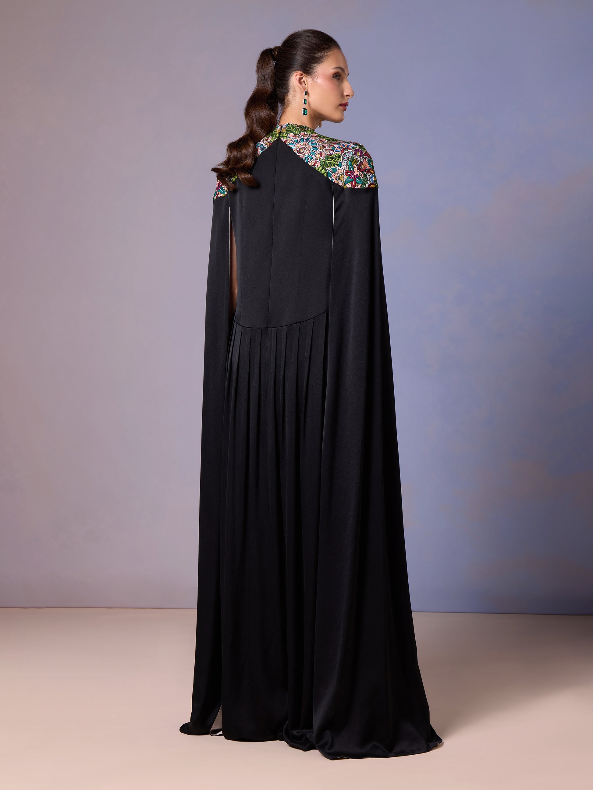 Back of Midnight Black silk kaftan with floral embroidered collar