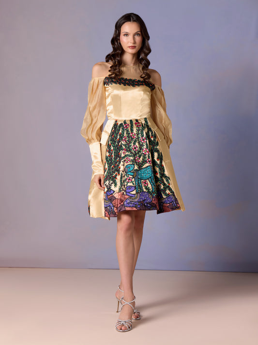 Morning Light short dress with golden satin bodice and printed flared skirt