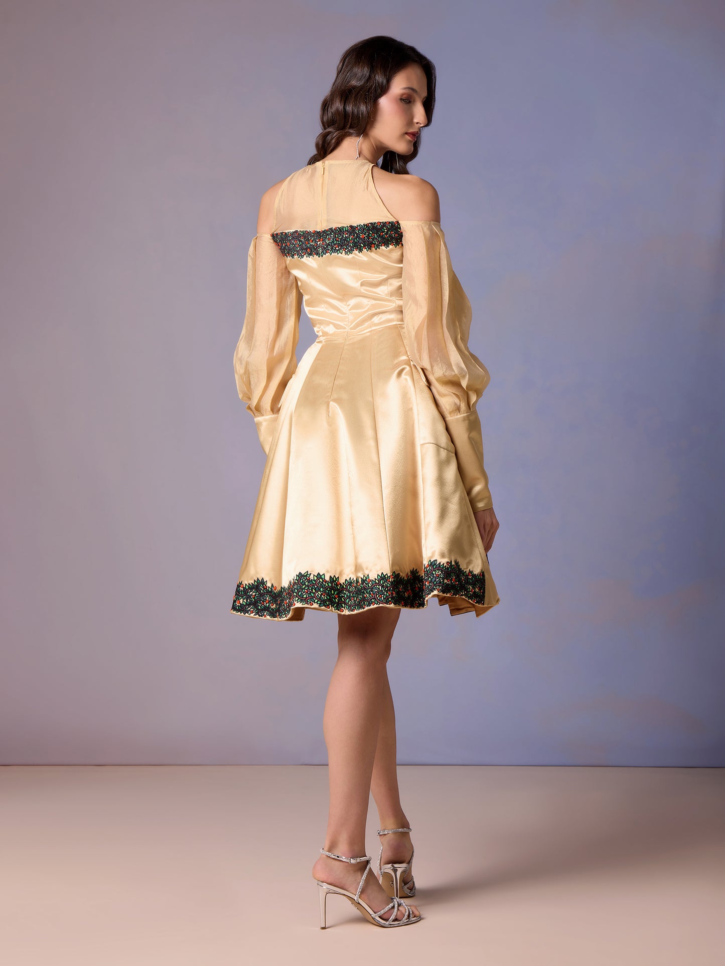 Back view of Morning Light satin and printed mini dress