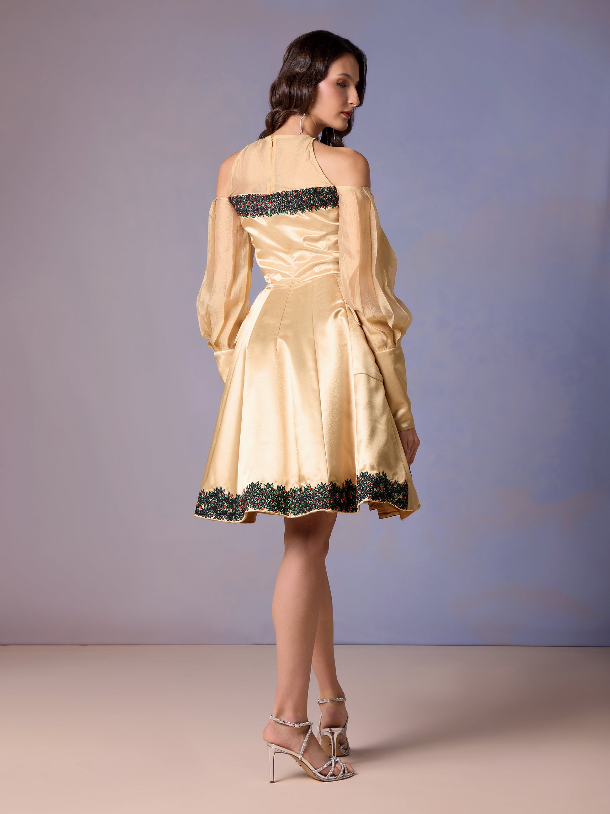 Back view of Morning Light satin and printed mini dress
