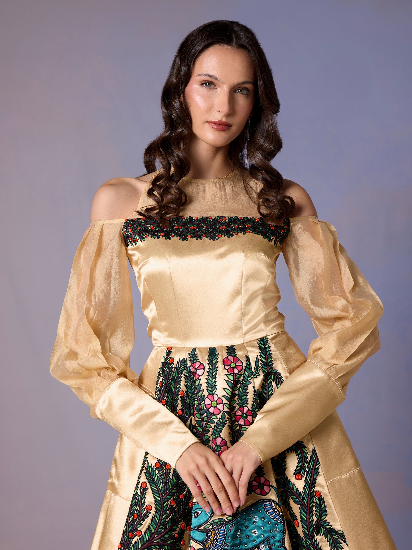 Front view of Morning Light dress with puffed sleeves and multicolor skirt