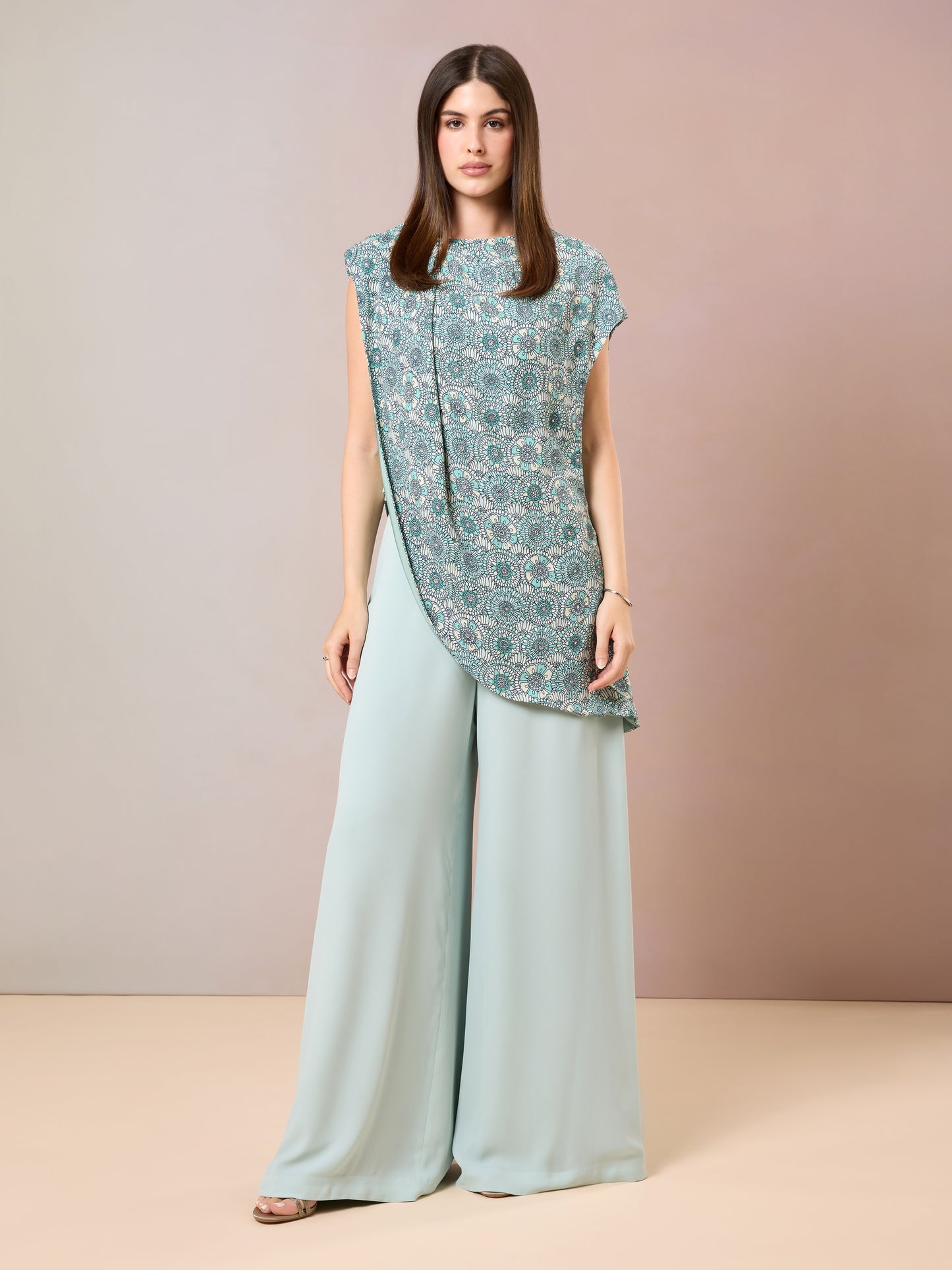 Model in Sea Glass long top with  flared Trouser
