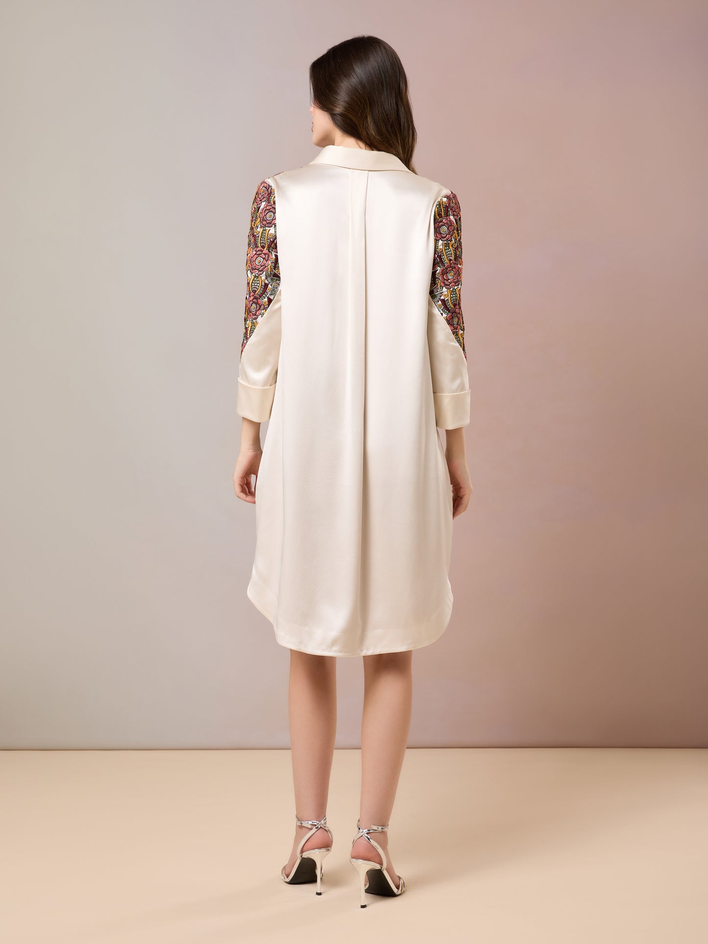 Back view of Champagne Shirt with vibrant embroidered shoulder detailing