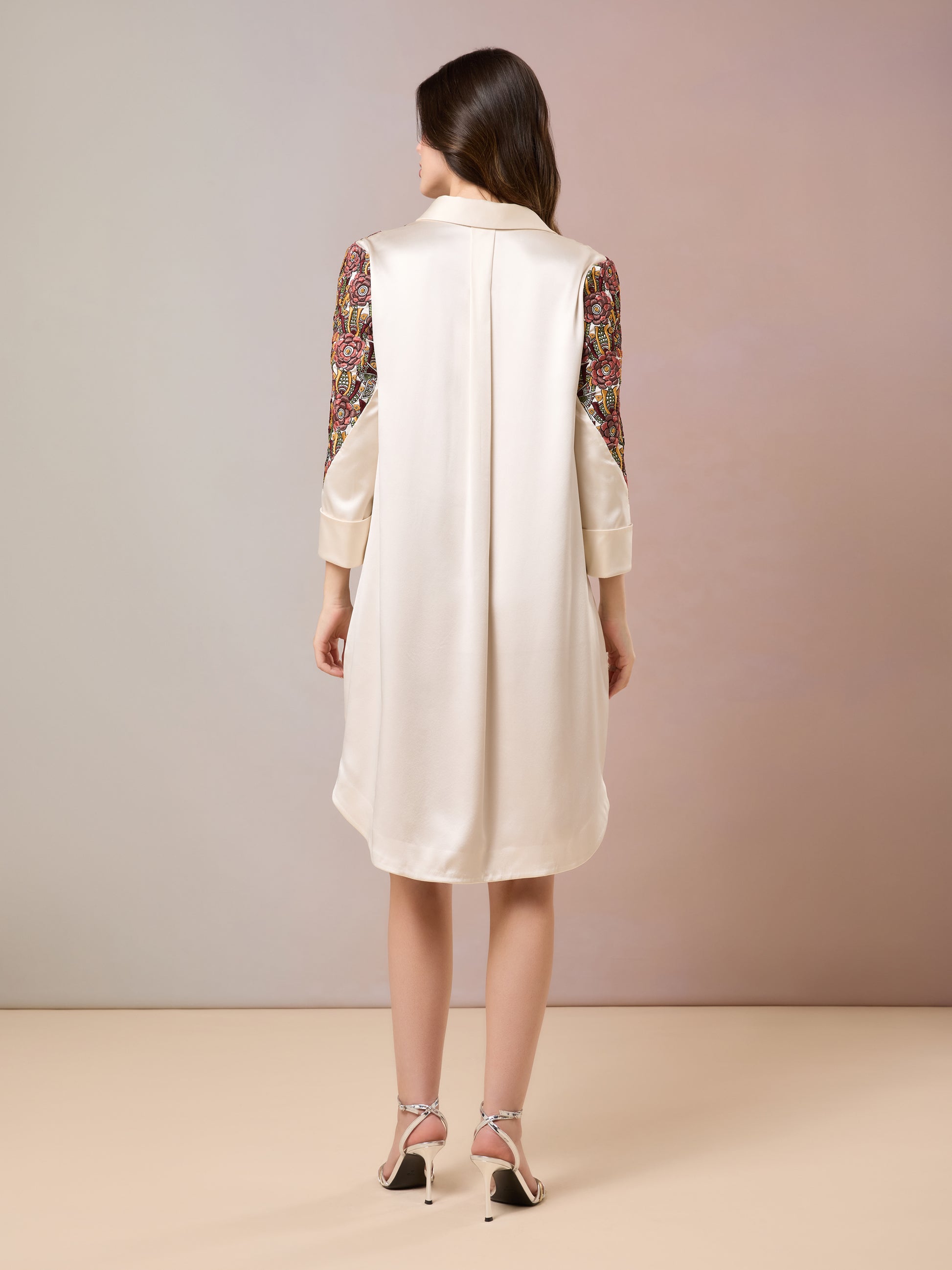 Back view of Champagne Shirt with vibrant embroidered shoulder detailing