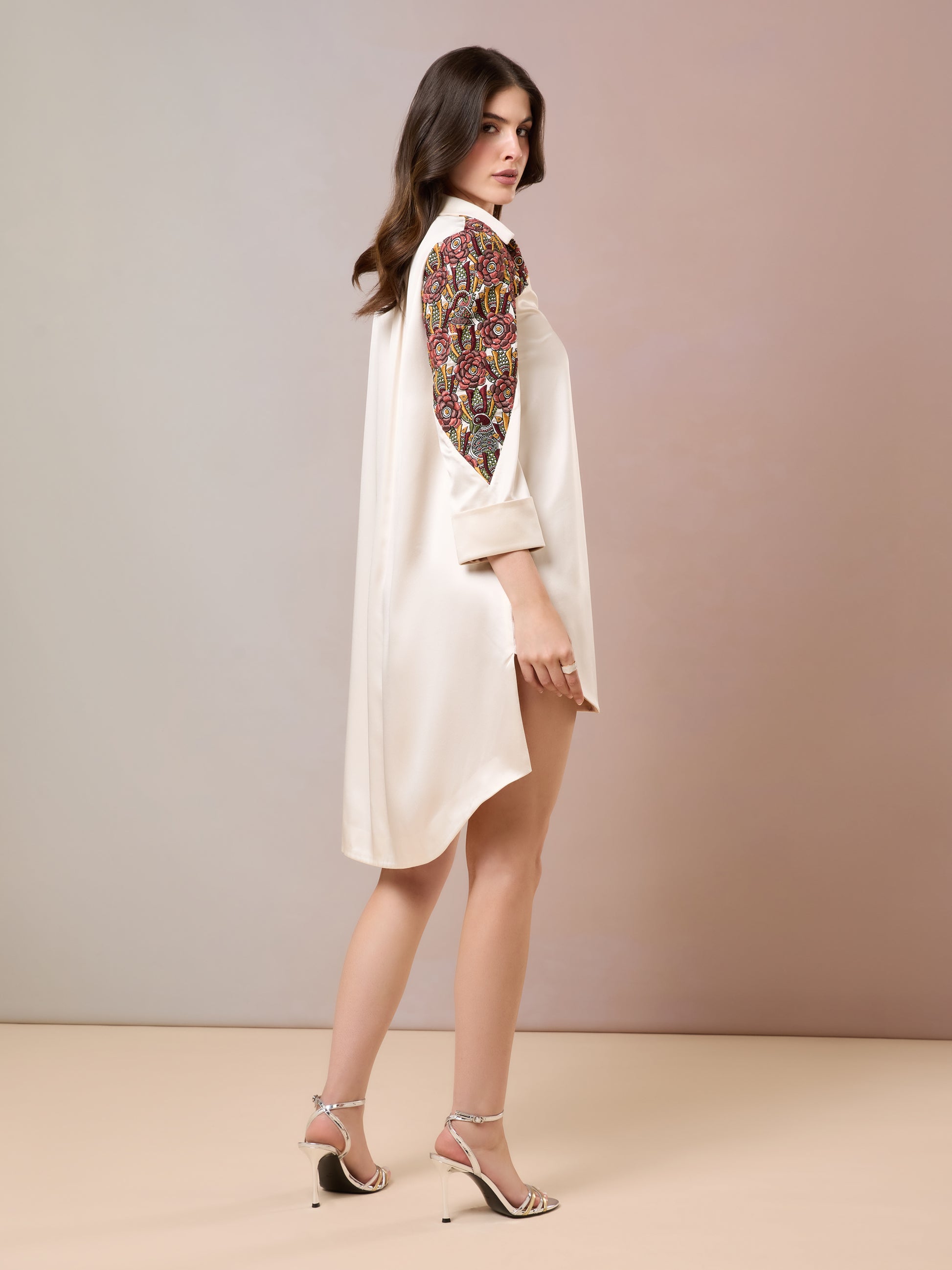 Side view of Champagne Shirt with ethnic embroidered sleeves