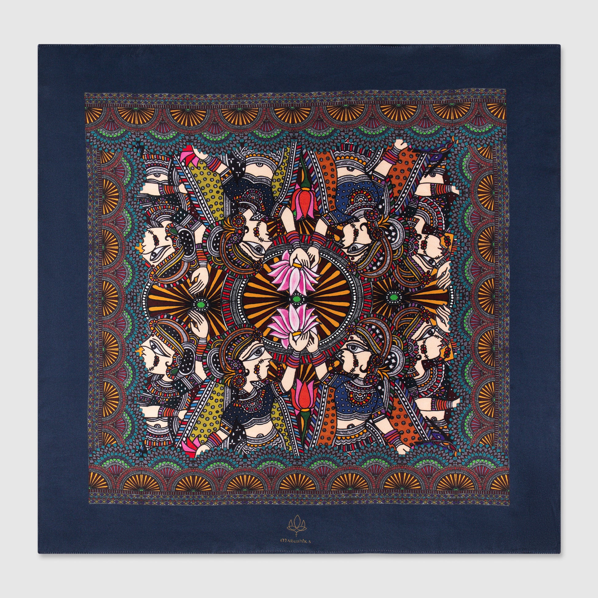 Navy blue silk scarf with vibrant Madhubani art and symmetrical folk dance motif