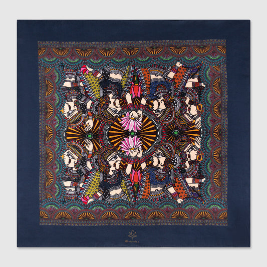 Navy blue silk scarf with vibrant Madhubani art and symmetrical folk dance motif