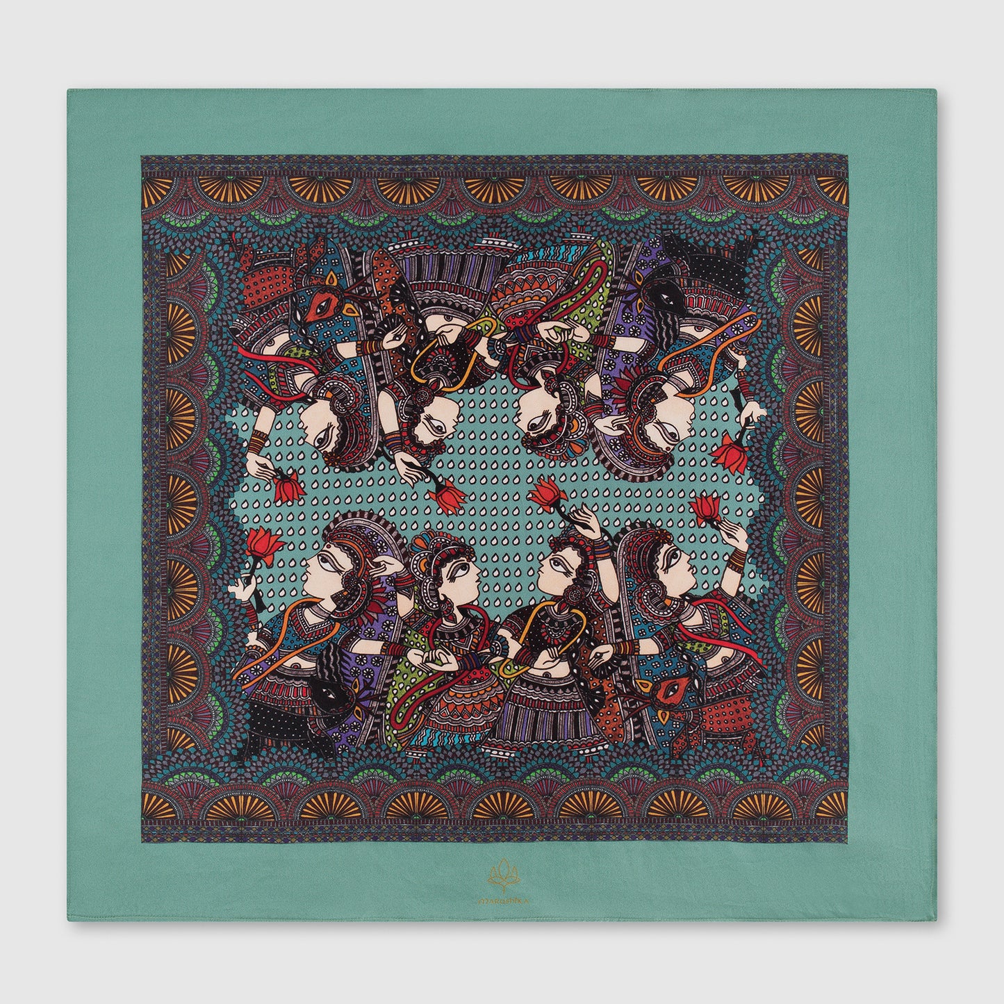 Turquoise silk scarf with symmetrical Madhubani artwork of women in traditional attire