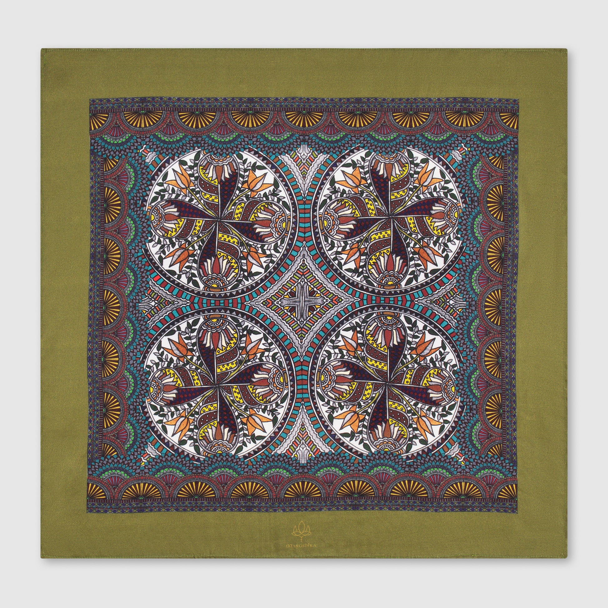 Olive green silk scarf with intricate circular Madhubani art and folk-inspired patterns