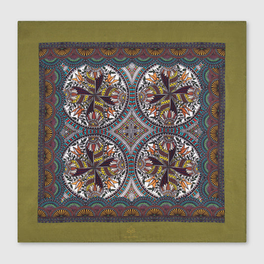 Olive green silk scarf with intricate circular Madhubani art and folk-inspired patterns