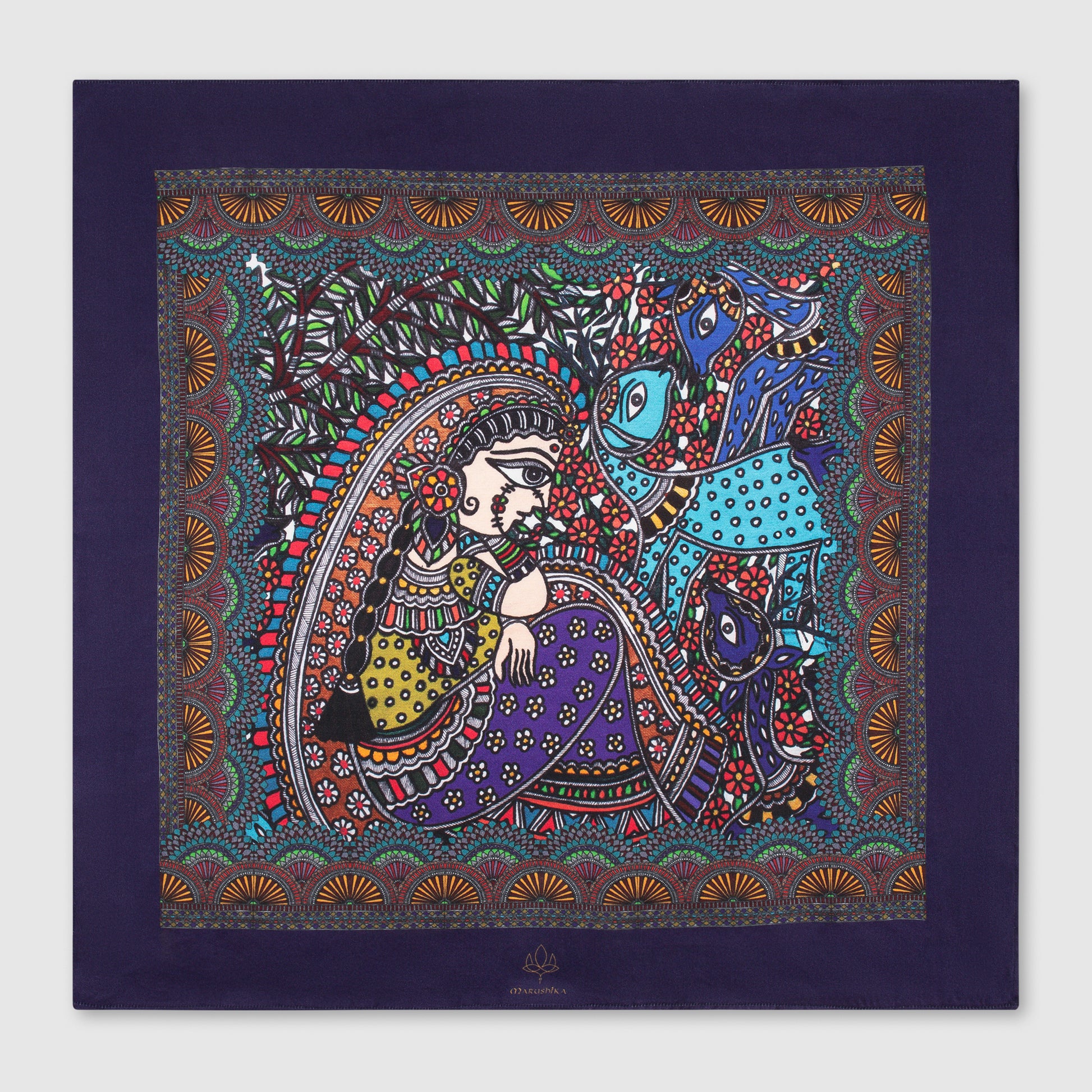 Royal purple silk scarf featuring traditional Madhubani art with woman