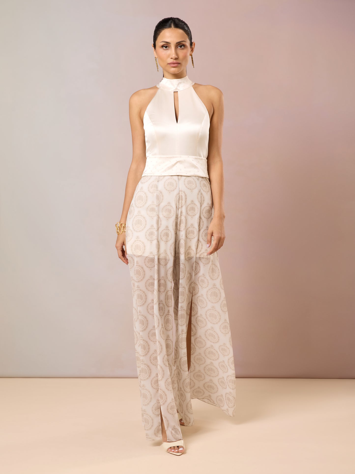 Model in Champagne Jumpsuit