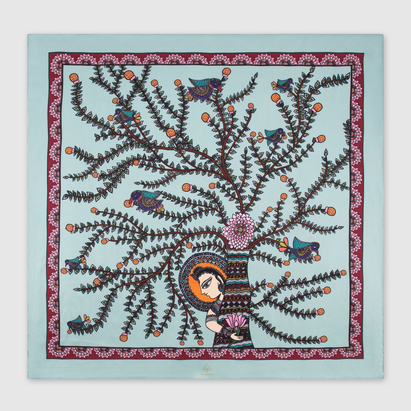 Handpainted Madhubani silk scarf with tree of life design in pastel blue and maroon border