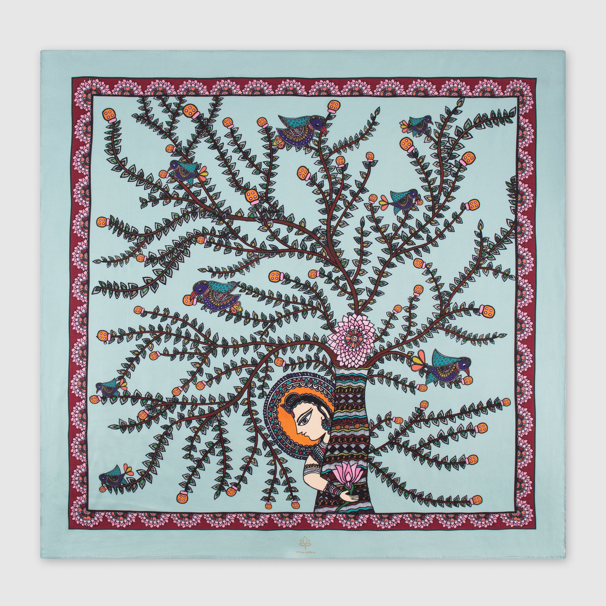 Handpainted Madhubani silk scarf with tree of life design in pastel blue and maroon border