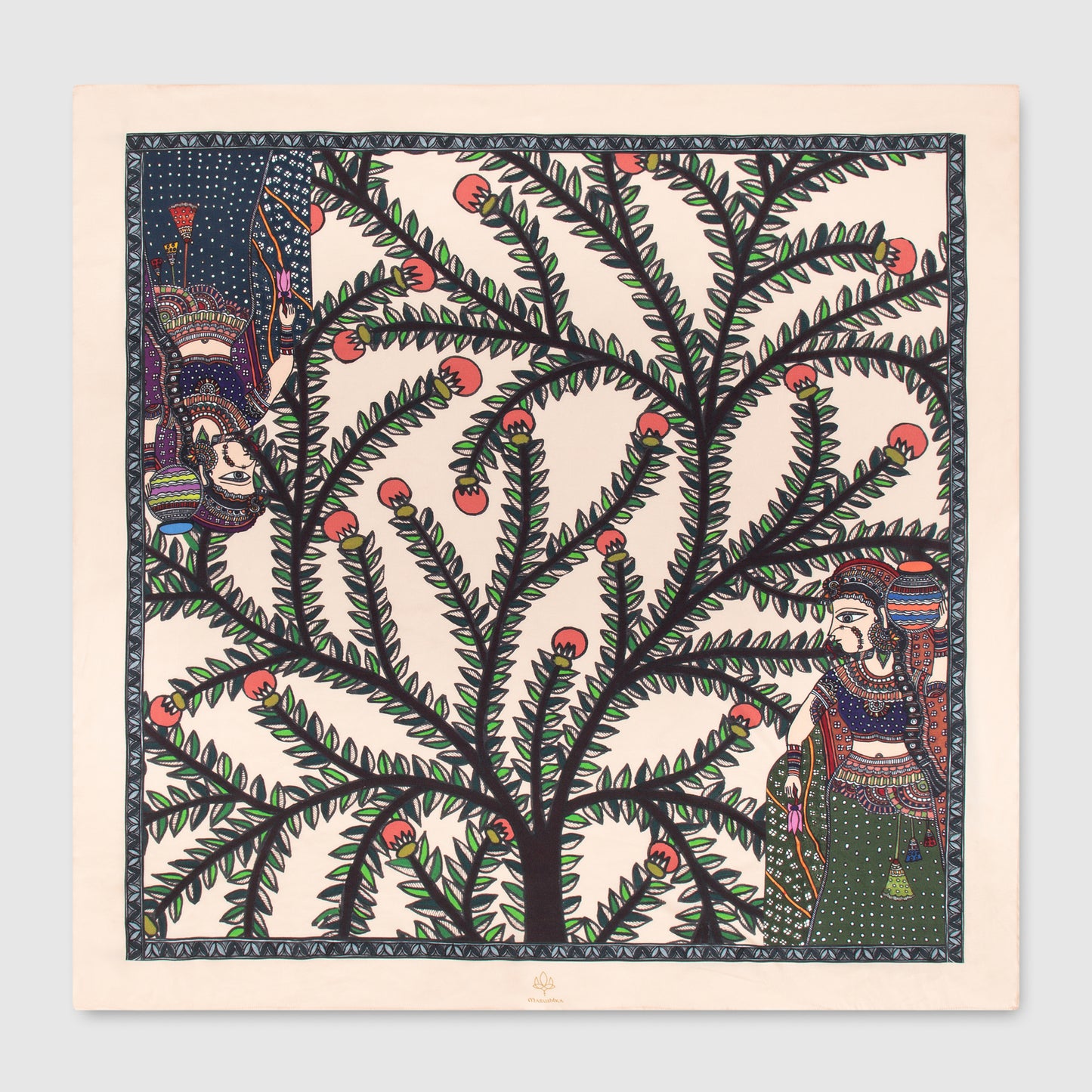 Handpainted Madhubani silk scarf with tribal art and floral motifs on cream base