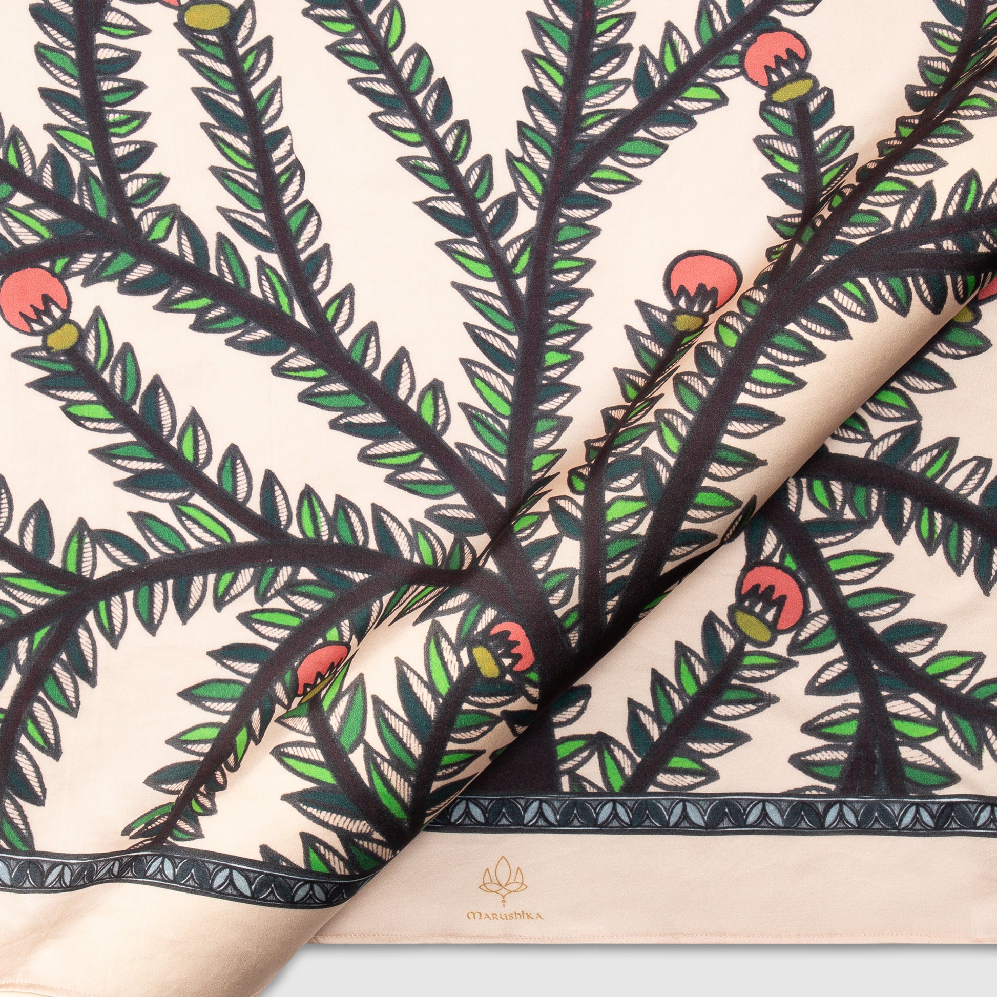 Close-up of Madhubani silk scarf showing detailed floral and tribal design
