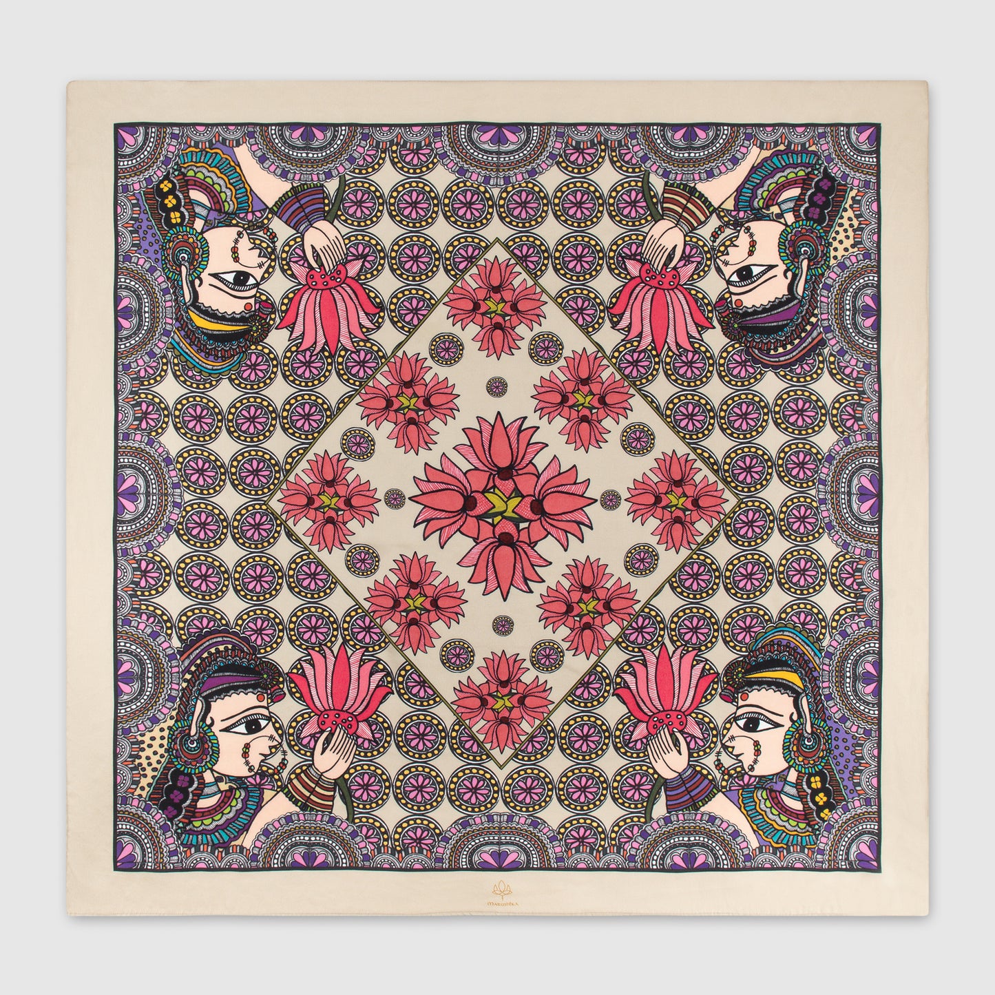 Silk scarf with lotus and woman motif in traditional Madhubani art on beige base