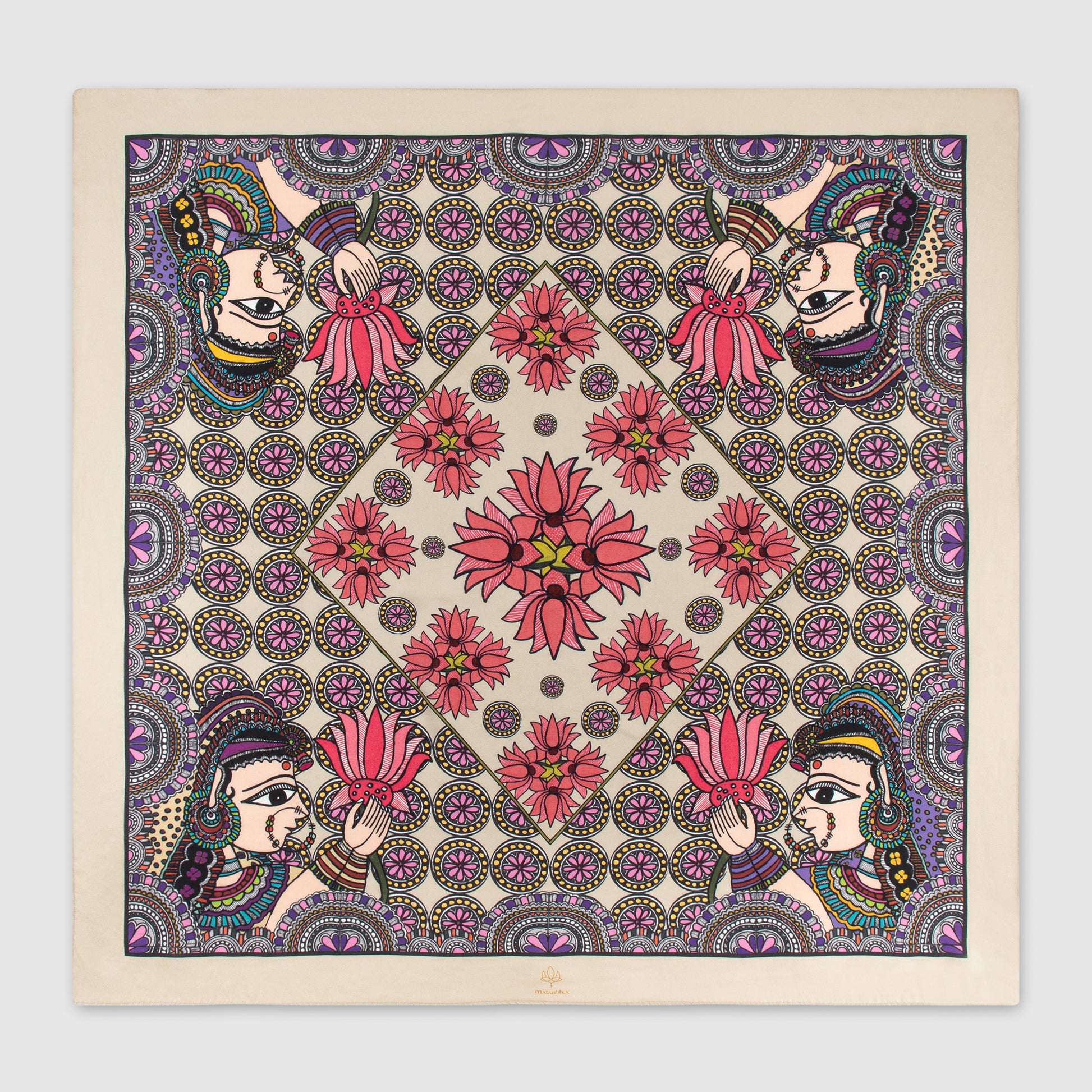 Silk scarf with lotus and woman motif in traditional Madhubani art on beige base