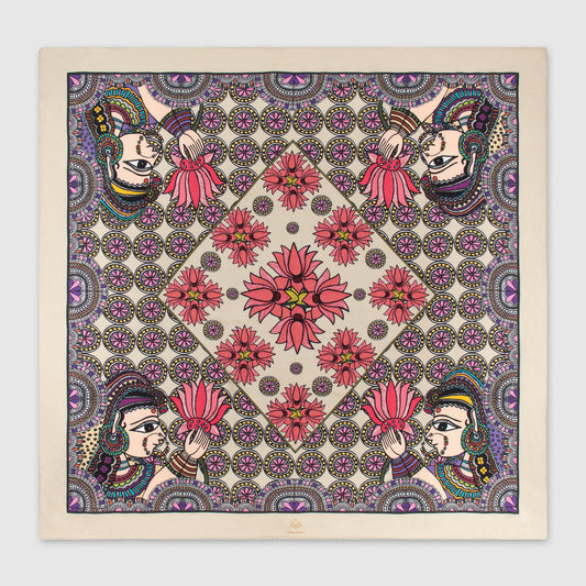 Silk scarf with lotus and woman motif in traditional Madhubani art on beige base
