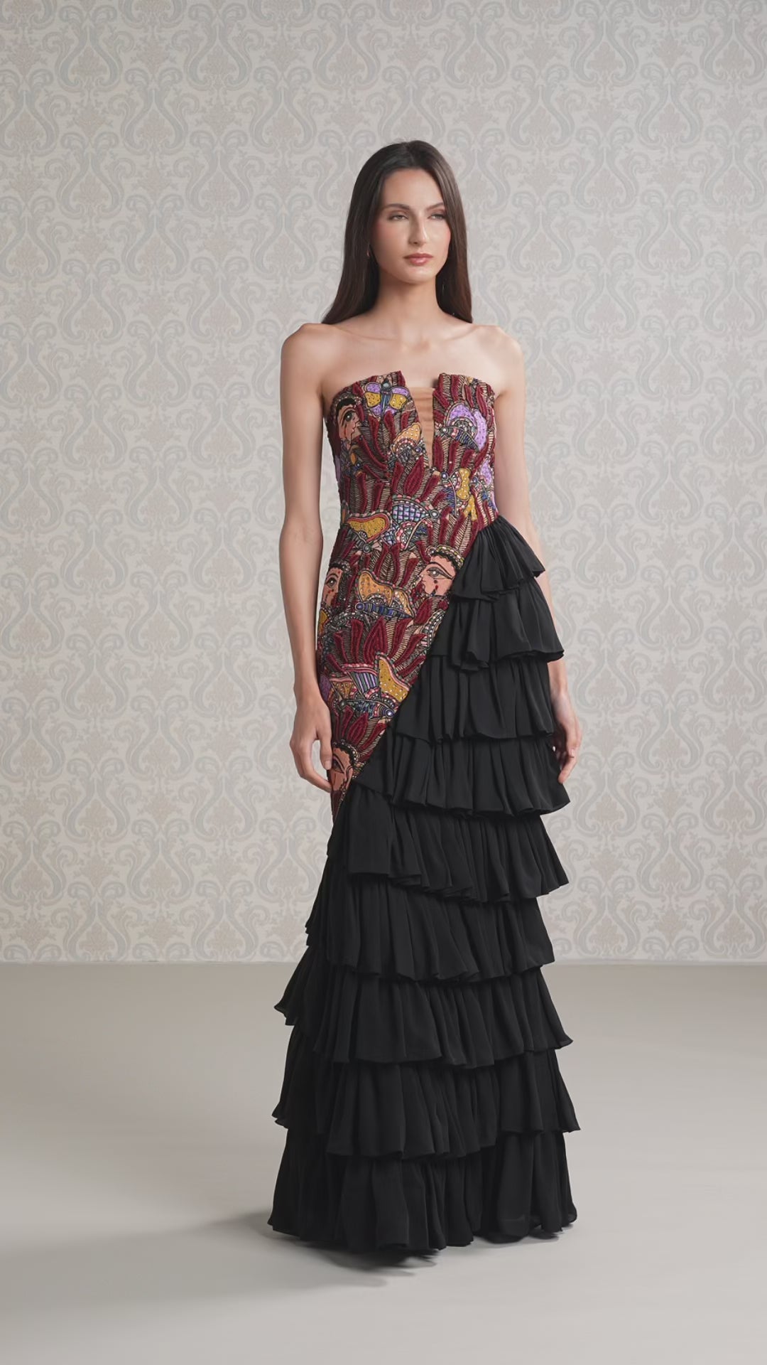 Model walking in Black Ice Silk Satin & Crepe Long Dress