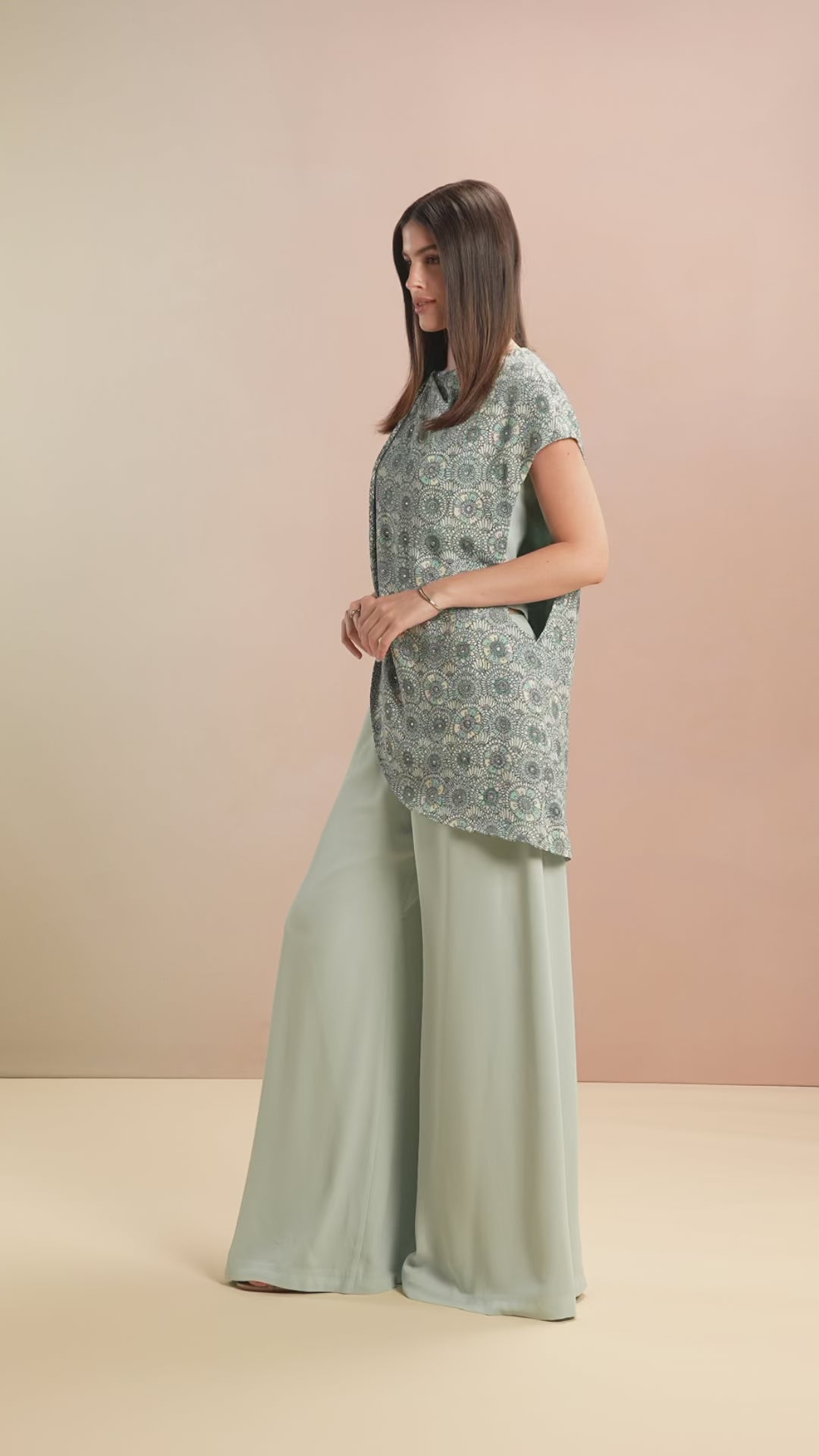 Model walking in Sea Glass Top & Trouser