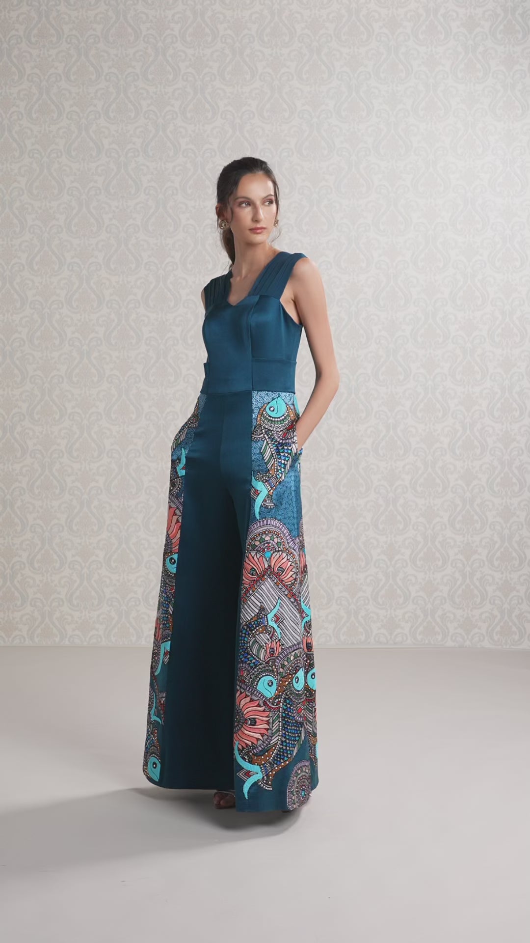 Women walking in Moonlight Blue Silk Satin & Organza Jumpsuit