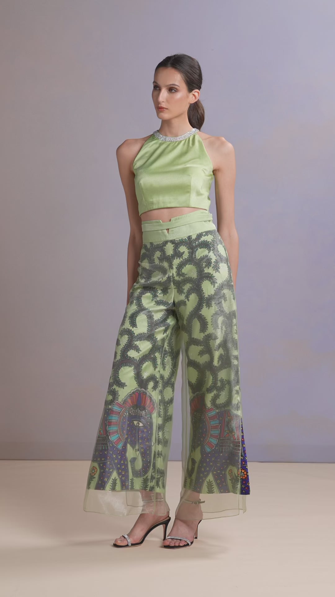 Video of Sage Whisper green crop top and trouser set with sheer embroidery
