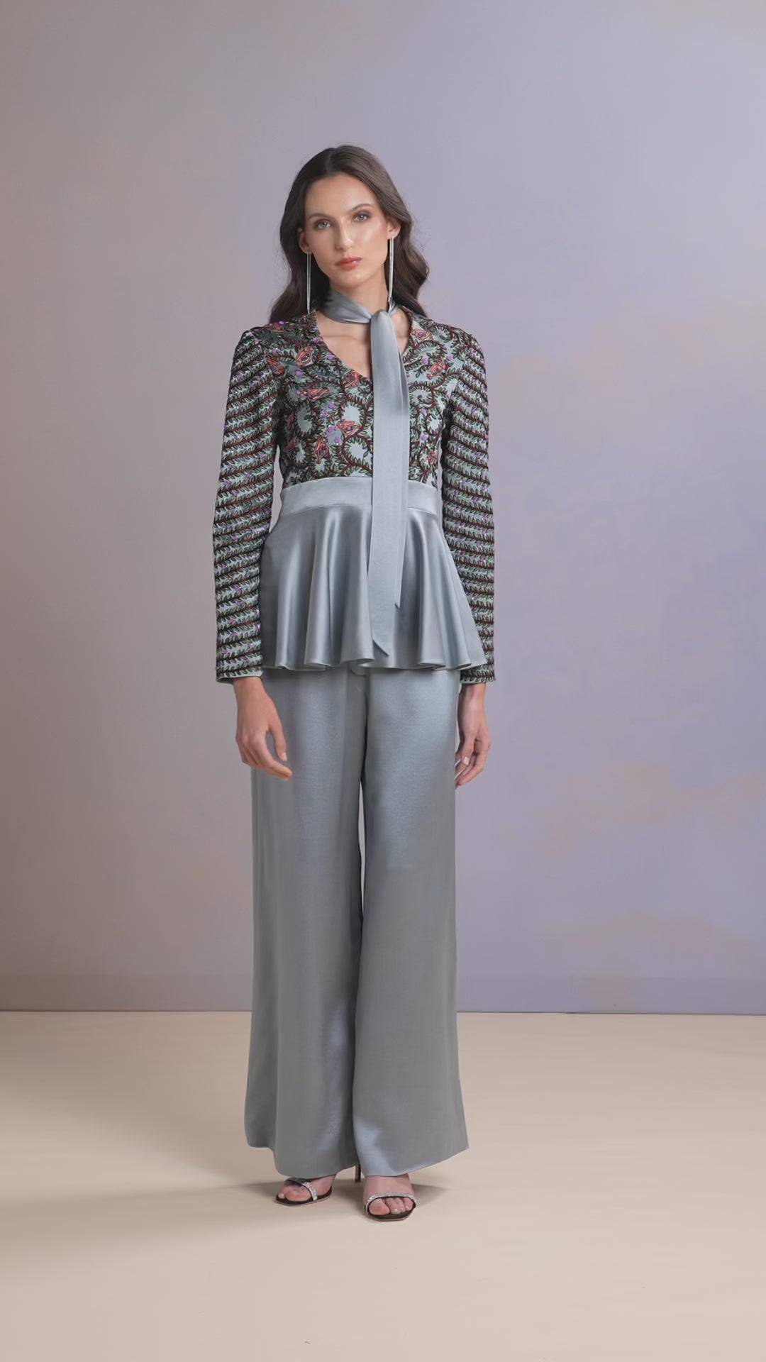 Video of Glacier Blue silk satin top and trouser set