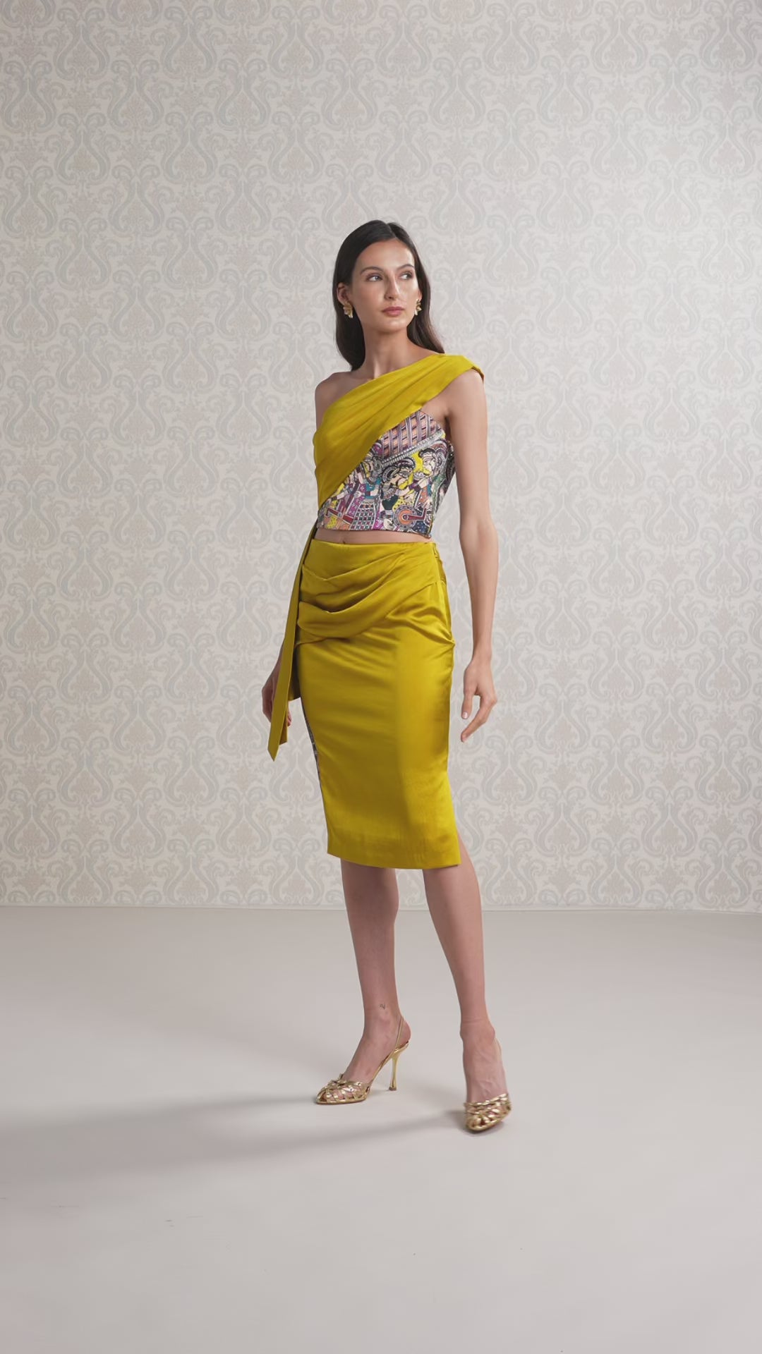 Model walking in Harvest Gold Silk Satin Top & Skirt Set