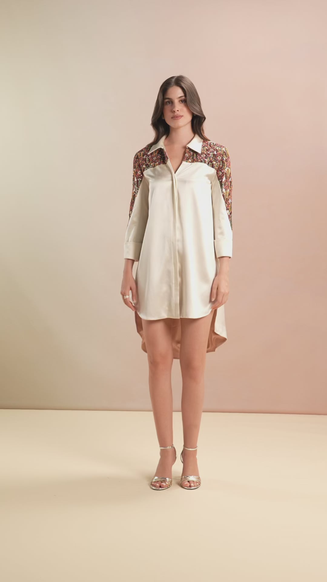 Model walking in embroidered shoulder Champagne Shirt
