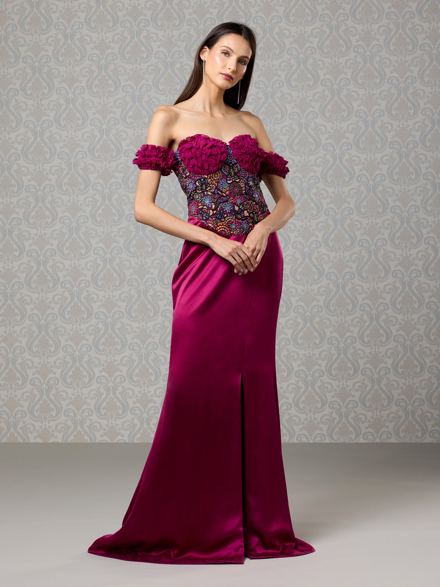 Cranberry Silk Satin & Georgette Long Dress