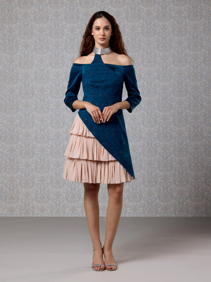 Short Dress - Moonlight Blue & Vanilla Silk Satin & Georgette
