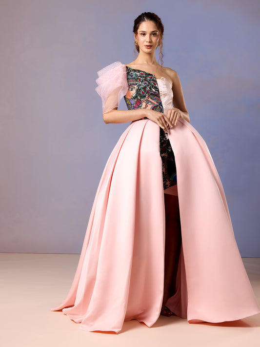 Front view of coral blush silk satin gown with puff sleeve and floral bodice
