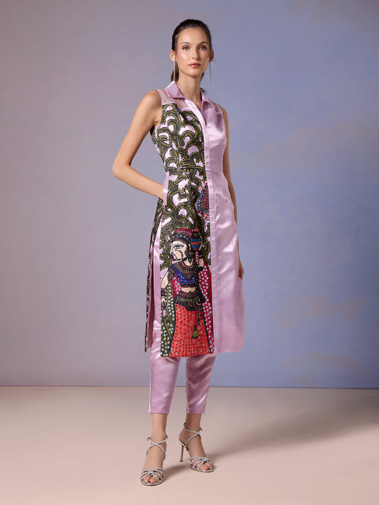 French Lilac embroidered kurti with pink trousers front view