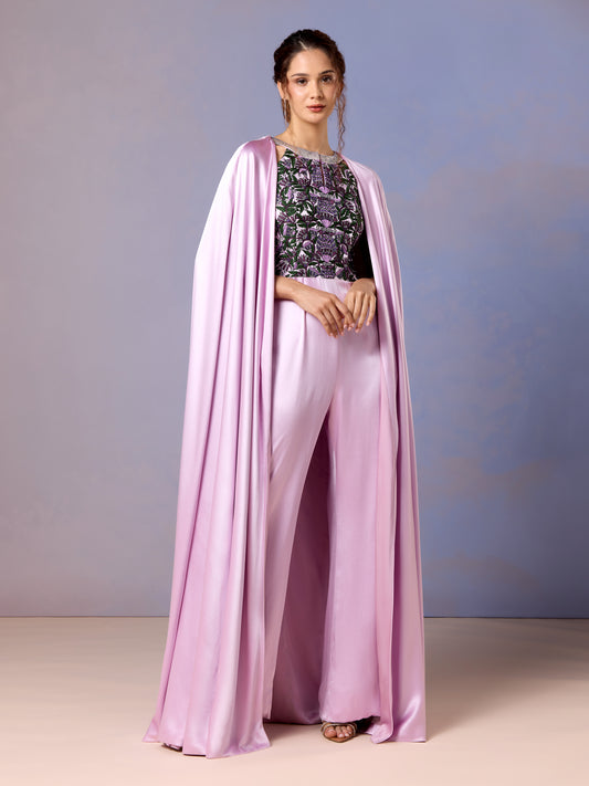 Front view of French lilac satin jumpsuit with floral embroidered bodice
