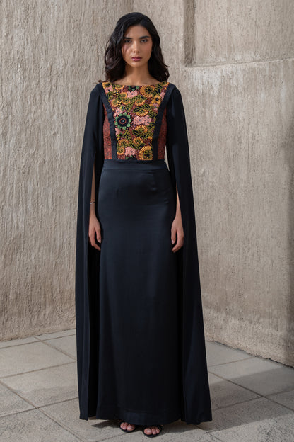 Evening Gown with Cape Sleeves - Black Ice