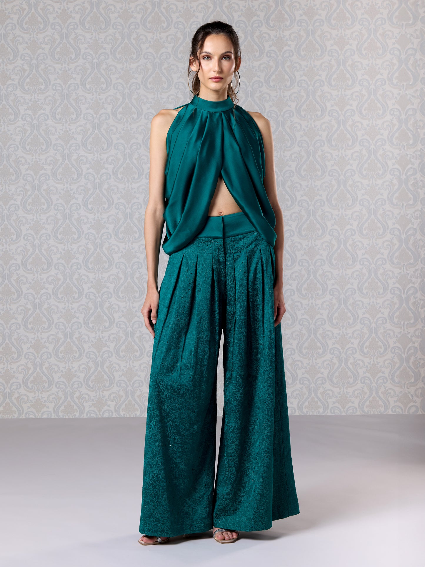 Emerald Green Silk Satin Top & Trouser Set