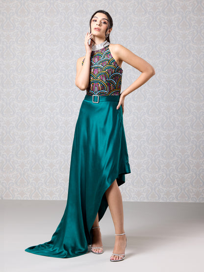 Asymmetrical Dress - Emerald Silk Satin