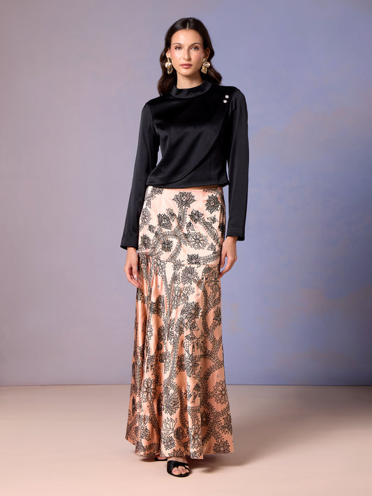 Coral Blush floral skirt with black satin top full front view