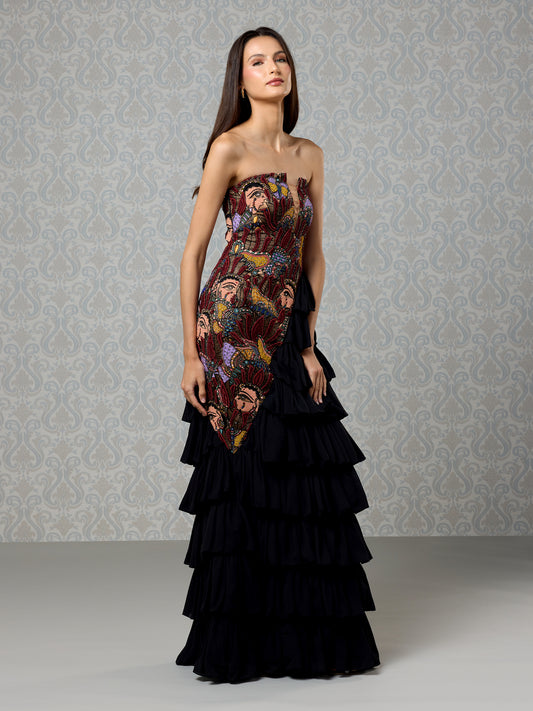 Full-length front view of Black Ice Silk Satin & Crepe Long Dress