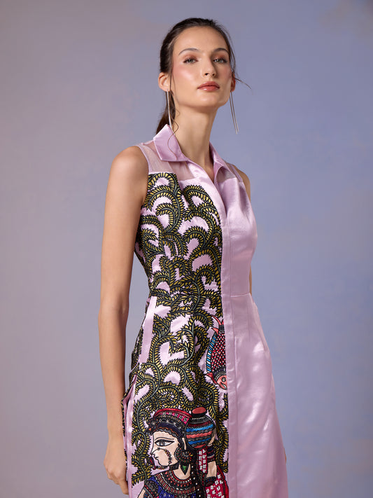 French Lilac kurti with floral embroidery paired with pink trouser