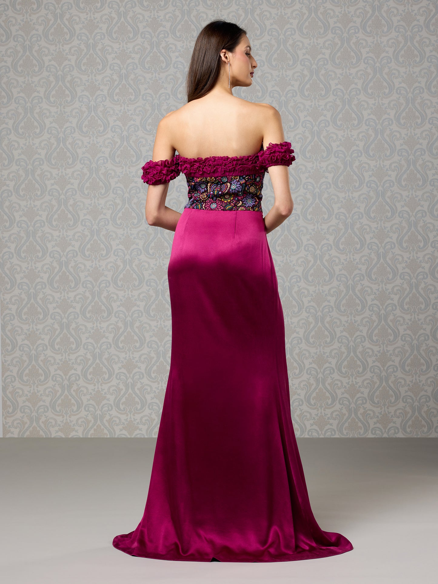 Cranberry Silk Satin & Georgette Long Dress