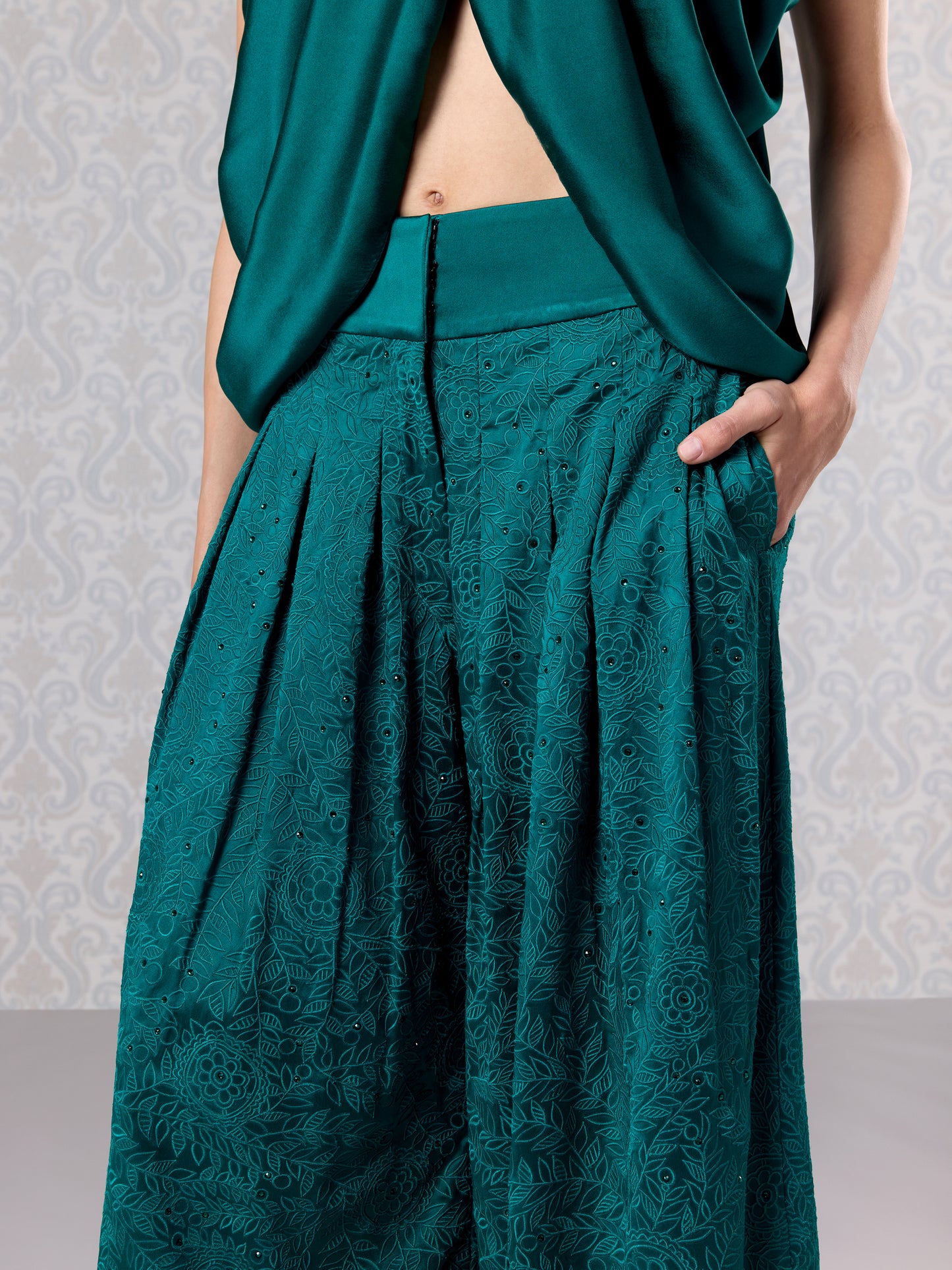 Emerald Green Silk Satin Top & Trouser Set