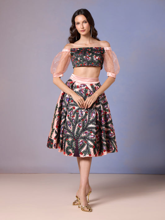 Coral Blush off-shoulder crop top with printed skirt front view