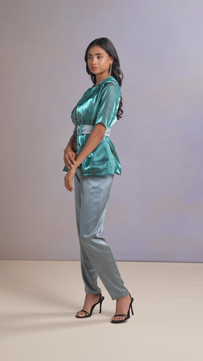 Video of Glacier Blue co-ord set with embroidered top, belted jacket, and trousers