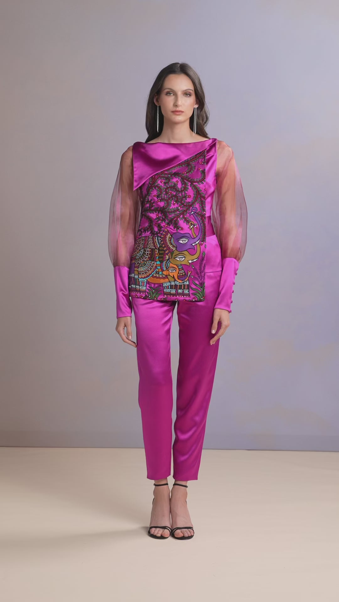 Video of Persian Rose top and trouser set with floral embroidery and satin finish