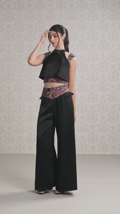 Model showcasing black ice silk satin co-ord set with printed detailing