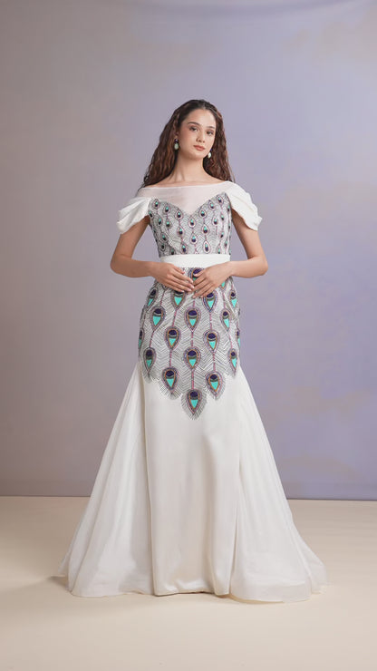 Chantilly white silk satin gown walkthrough showcasing silhouette and design details