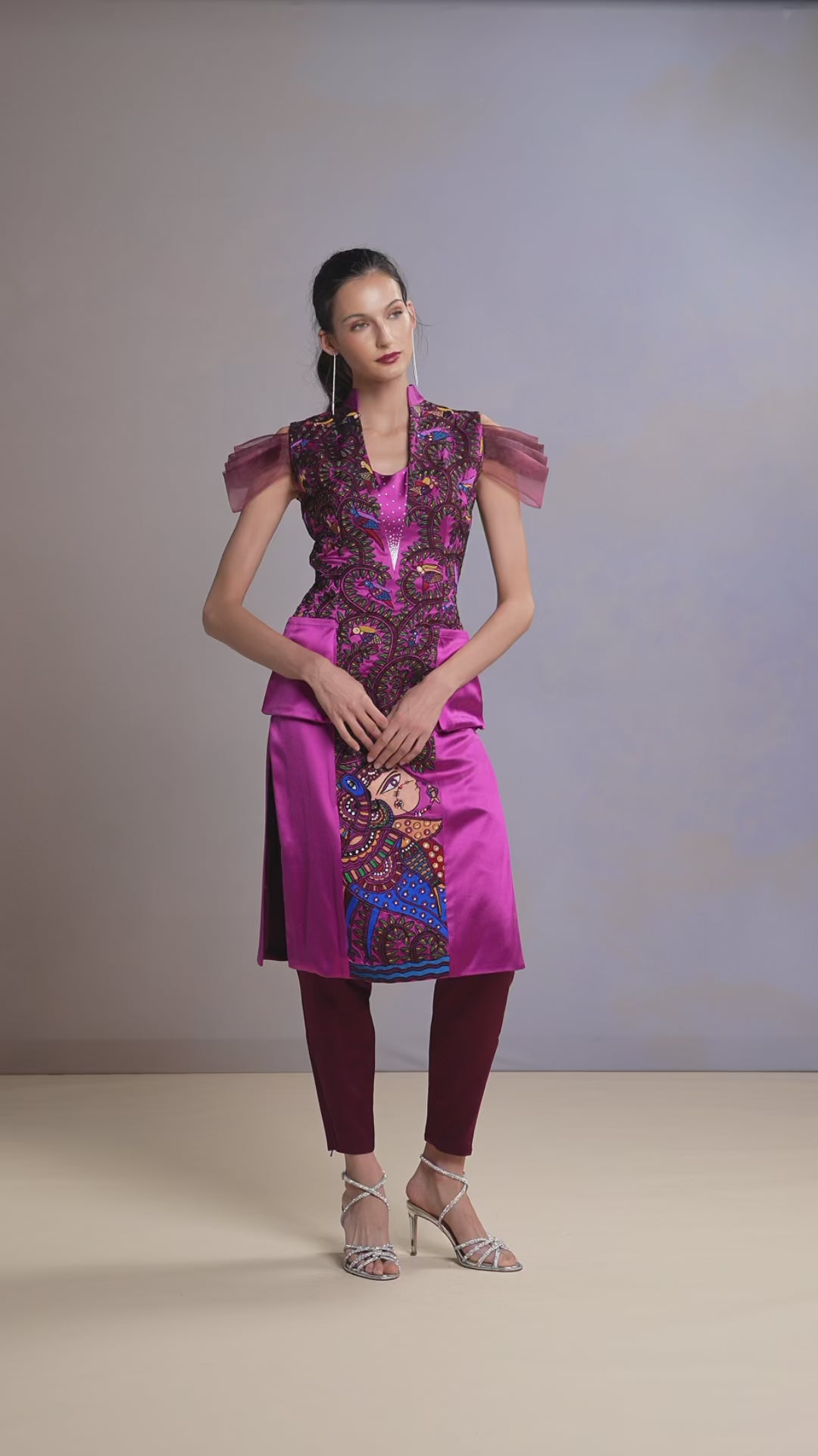 Model showcasing Persian Rose kurti and trouser set